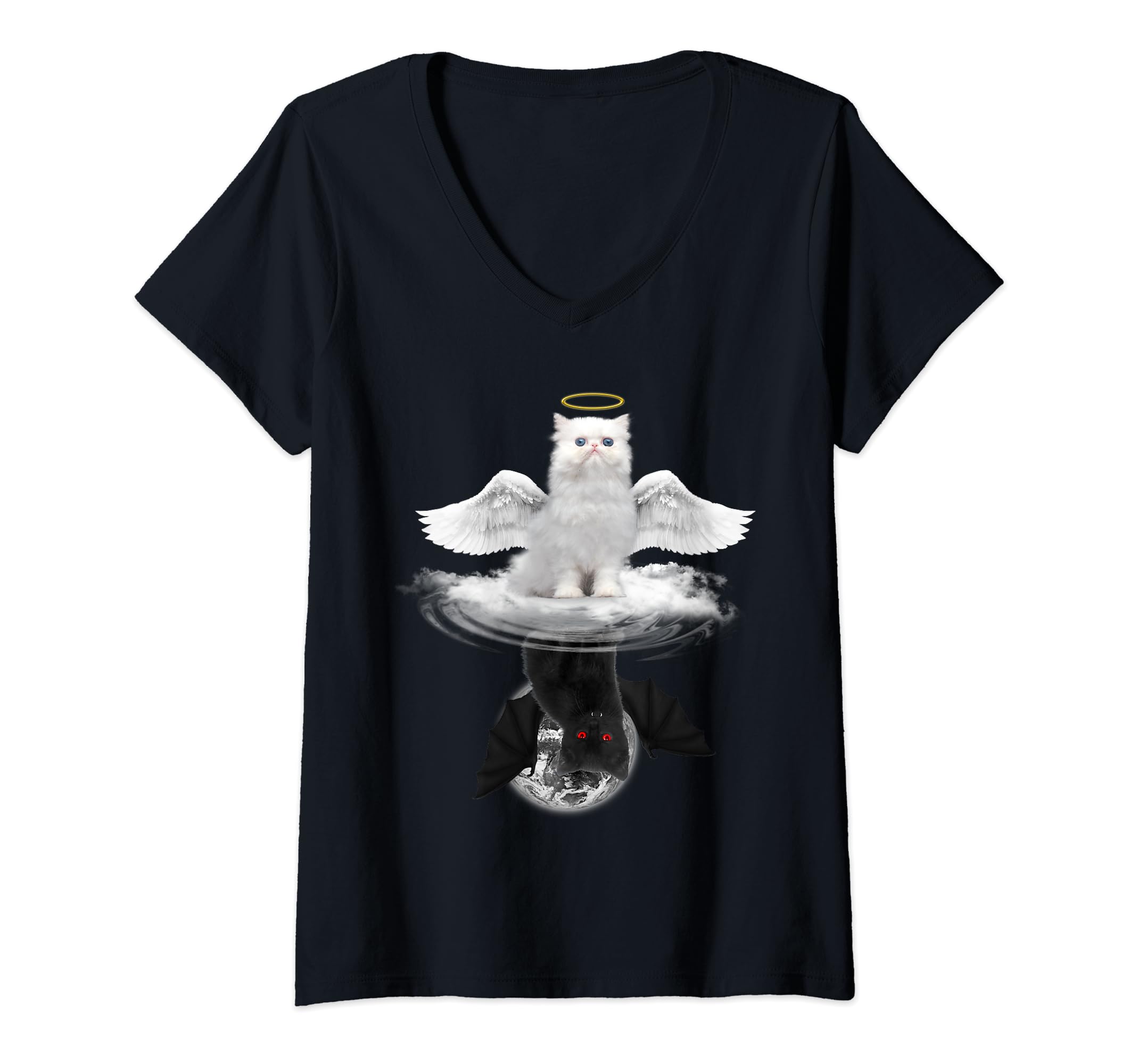 Womens Angel Cat And Devil Cat Funny Kitty Kitten Cats Lovers V-Neck T-Shirt