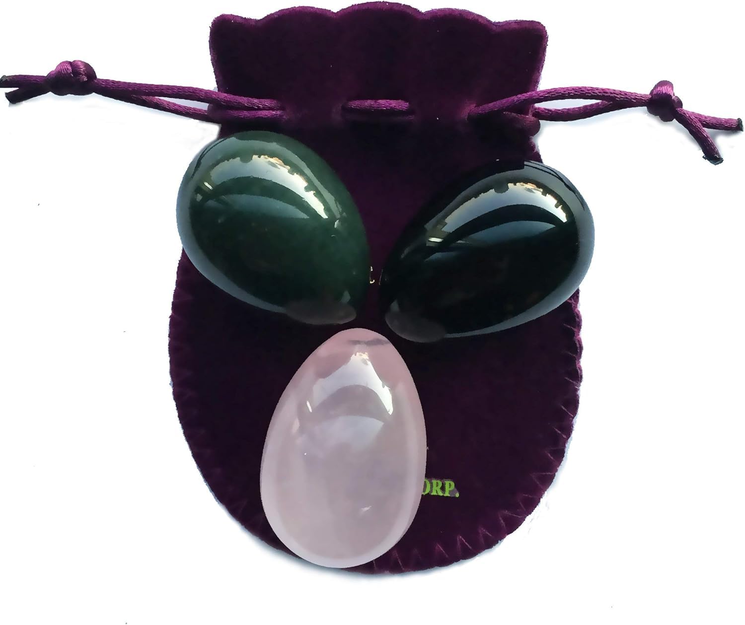Yoni Eggs 3-pcs Set Made of 3 Gemstones: Nephrite Jade, Rose Quartz & Obsidian, All Medium Size and Drilled, Comes with User Instructions and Certificates, to Train Pelvic Floor Muscles, by Polar Jade