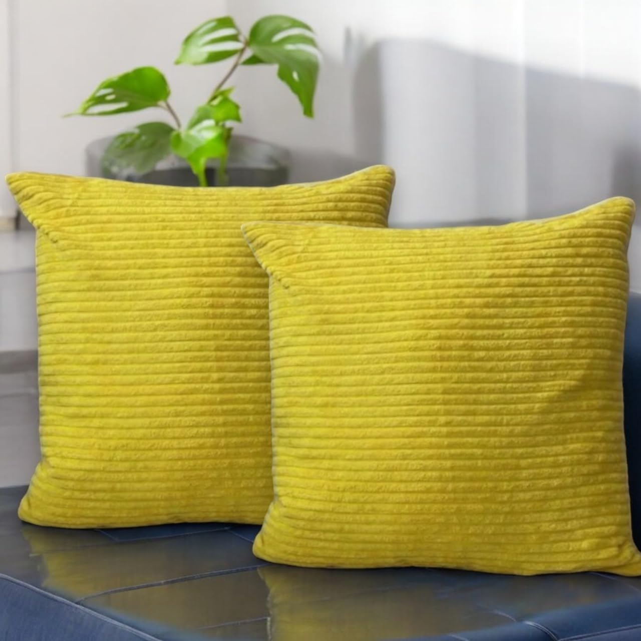 Seechoo Corduroy Cushion Covers, Set of 2, 45 x 45 cm, Striped, with Invisible Zipper, 18 x 18 Inch (Yellow)