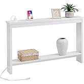 ZGREN Narrow Sofa Table with Outlet and USB Port, Behind Couch Table Skinny Console Table with Charging Station Thin and Long Slim Entryway Table for Living Room, Hallway, Entry Hall, Foyer, White
