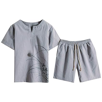 AHAYAKU Summer Fashion Herren Baumwolle und Leinen Kurzarm Shorts Set Anzug Trainingsanzug