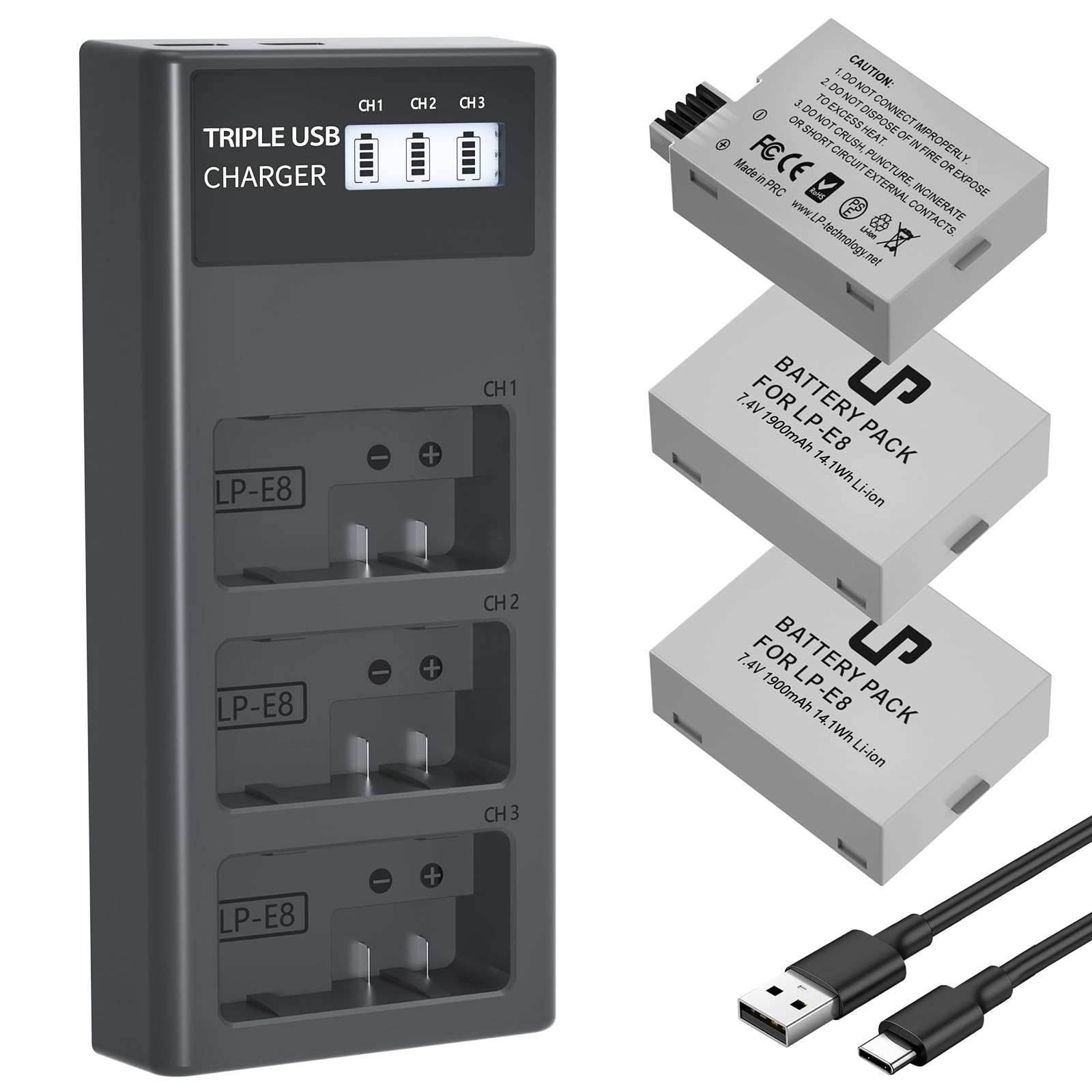 Photo 1 of LP-E8 Battery Charger Set, LP 3 Pack LPE8 Replacement Battery & Triple Slot Charger Compatible with Canon EOS Rebel T2i, T3i, T4i, T5i, 550D, 600D, 650D, 700D, Kiss X4, X5, X6i, X7i Cameras & More