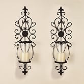 24" Hurricane Wall Sconces Set of Two- Antique Iron & Glass Candle Holders, Wall Sconces Set of Two Candle Holder