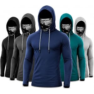 XWC 5-Pack Men's UPF 50+ Sun Shirt with Hood and Face Mask, Fishing Hoodie | 5-Pack Value:Black,white,grey,green,navy blue sh