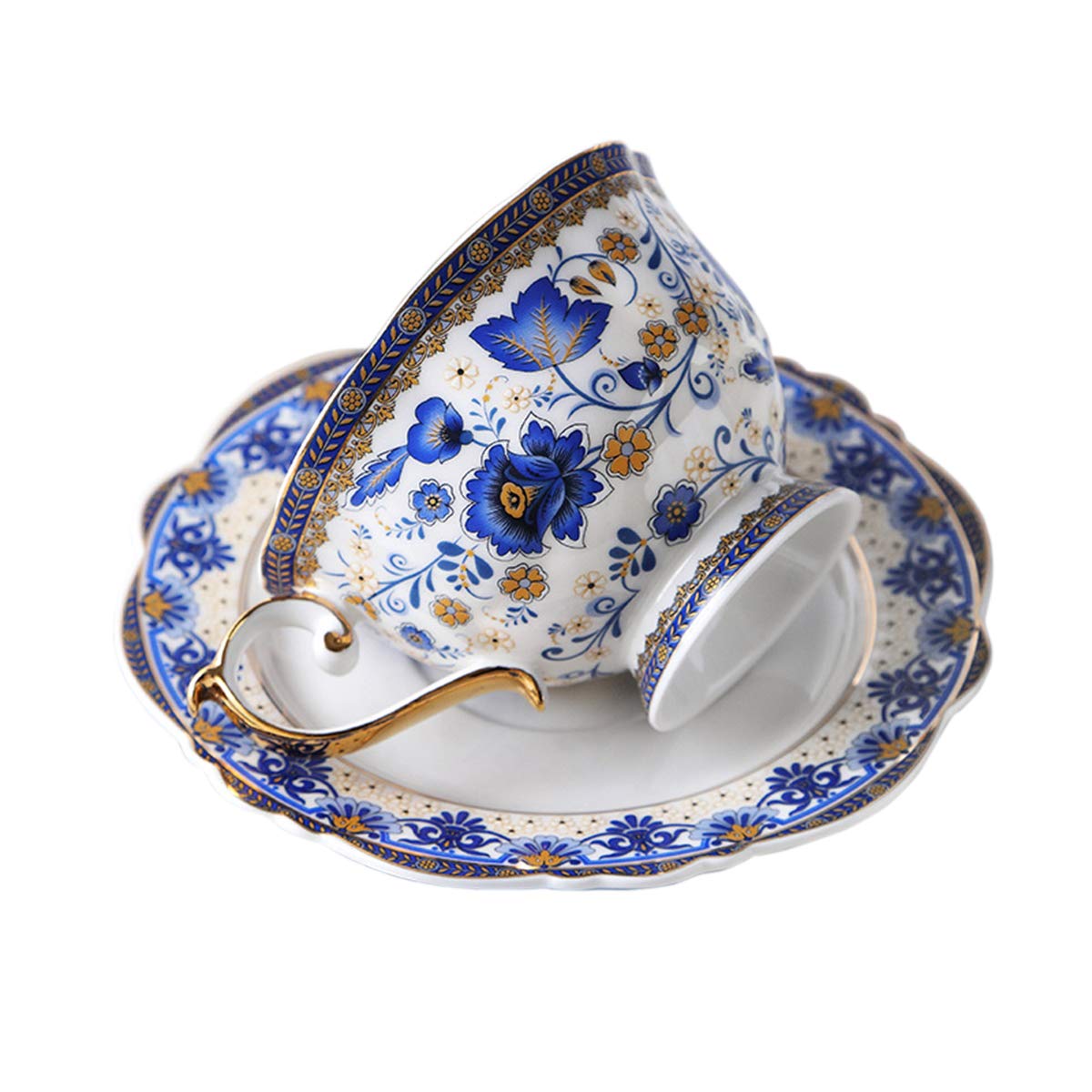 fanquare Fine Bone China British Coffee Cup and Saucer Set, Blue Floral Vintage Porcelain Tea Cup, 200ml