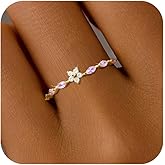SUYACS 925 Sterling Silver Flower Rings with 6 Marquise Cut Pink Birthstone for Women Gold Plated Cute Opal Floral Small Stackable Ring Mother Daughter Statement Ring Jewelry Birthday Gifts