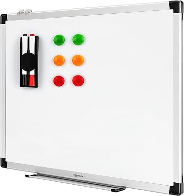 Lavagna Bianca Magnetica con Cornice in Alluminio, Vaschetta Portapenne, 6 Magneti, 1 Cancellino, 2 Pennarelli per Ufficio/Casa, Montaggio a Parete, Cancellabile a Secco, 60cm x 45cm