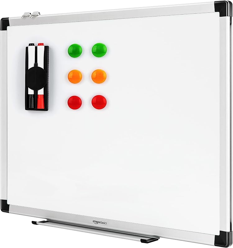 Lavagna Bianca Magnetica con Cornice in Alluminio, Vaschetta Portapenne, 6 Magneti, 1 Cancellino, 2 Pennarelli per Ufficio/Casa, Montaggio a Parete, Cancellabile a Secco, 60cm x 45cm