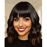 Elfairy Black Highlights Brown Wig with Bangs for Women 12inch Short Bob Wavy Curly Hair Wigs Heat Resistant Hair Replacement Wigs for Daily Use Cosplay Costume Halloween