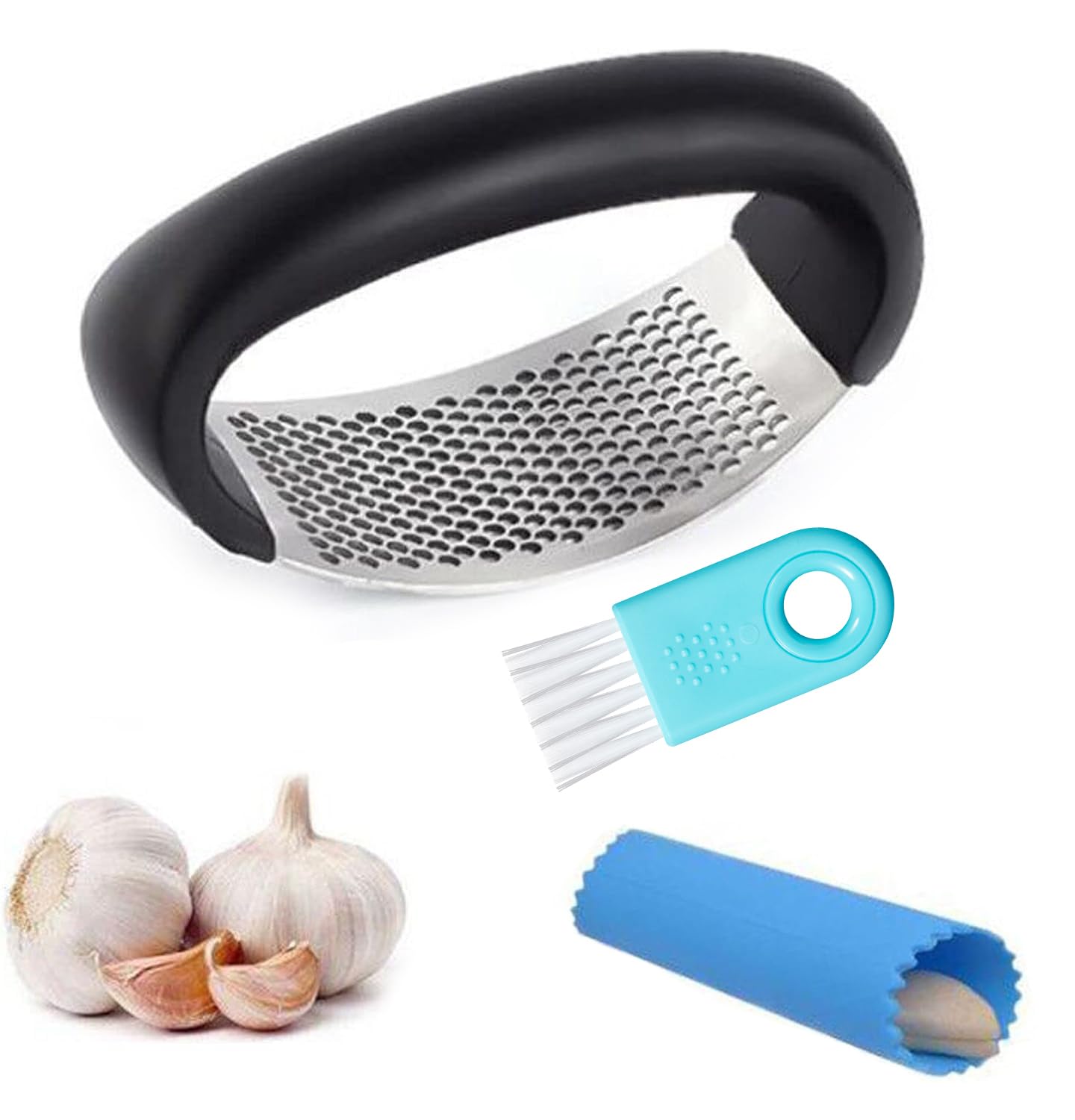 Photo 1 of Garlic Press Rocker - Stainless Steel Garlic Crusher, Chopper, Mincer with Silicone Garlic Peeler, Mini Brush Tools For You (Black)