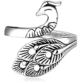 Vintage Enameled Peacock Ring for Women Girls Silver Plated Statement Adjustable Expandable Animal Open Band Finger Rings Comfort Fit Boho Delicate Jewelry