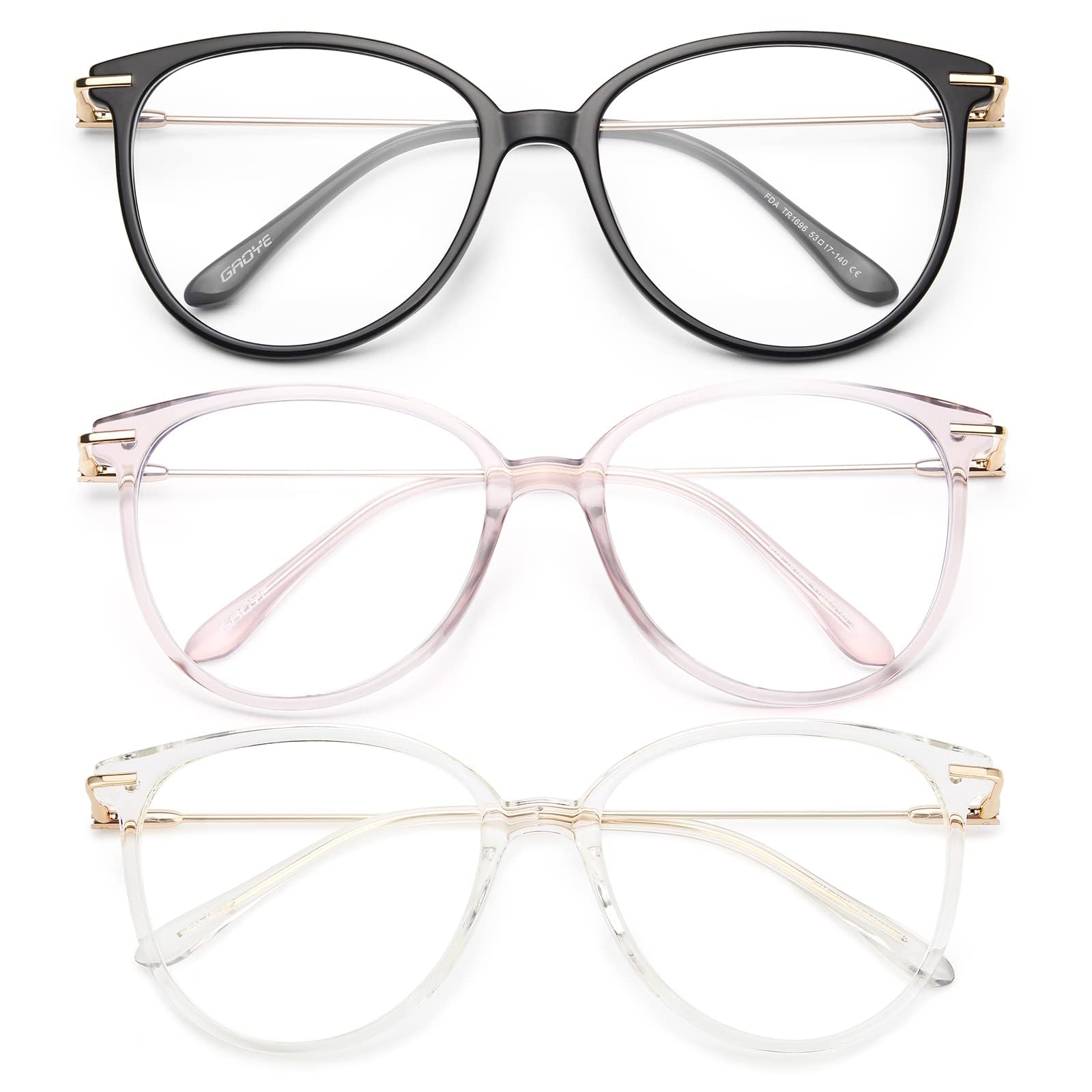 Photo 1 of Gaoye Blue Light Blocking Glasses Women/Men, Fashion Cat Eye Fake Eyeglasses UV Ray Filter Computer Gaming Glasses (3 Pack, Black+Pink+Transparent)