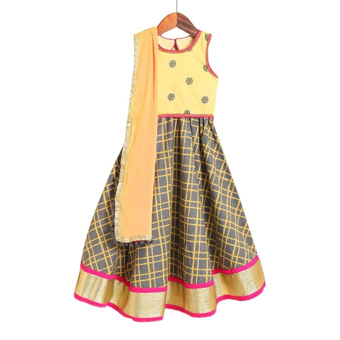 Kids Chakra By Hopscotch Girls Cotton Checkered Lehengas & Blouses In Gray Color
