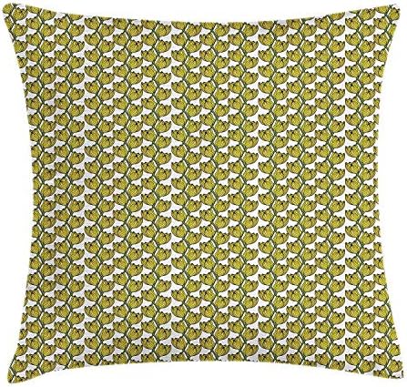 Yellow and Green Throw Pillow Cushion Cover, Composition of Tulips with Coming of Spring Hand Drawn Petals, Decorative Square Accent Pillow Case, 18 X 18 inches, Fern Green and Yellow