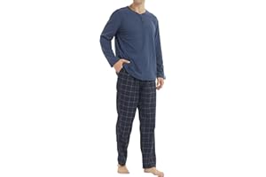 Asicimogy Pajamas Set for Men Loungewear Long Sleeve Henley Collar Shirt & Plaid Flannel Pants with Pocket Casual Soft Pjs