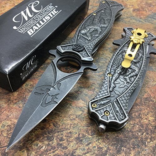 Masters Collection Folder Dark Stone Wash Stainless Sculpted Ninja Art Handle with Pocket Clip & Glass breaker, 4.5