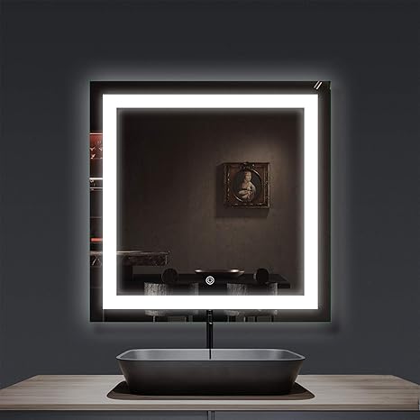 Amazon Com Smartrun Square Wall Mounted Led Back Lit Mirror Dimmable Light Bathroom Vanity Mirrors With One Round Control Button Jazz36 Wx36 H Home Kitchen smartrun square wall mounted led back
