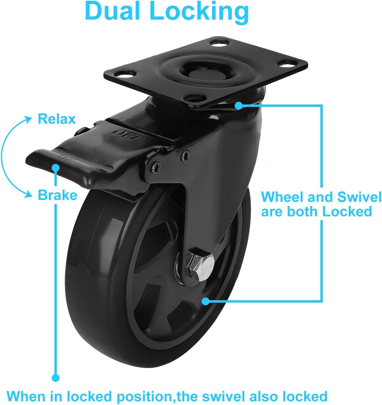 PRITEK 5 inch Caster Wheels Bearing 1500lbs 4 Pack Heavy Duty Rubber Plate Casters all with Safety Brake No Noise Lockable Swivel Casters (include 16pcs screws): Automotive