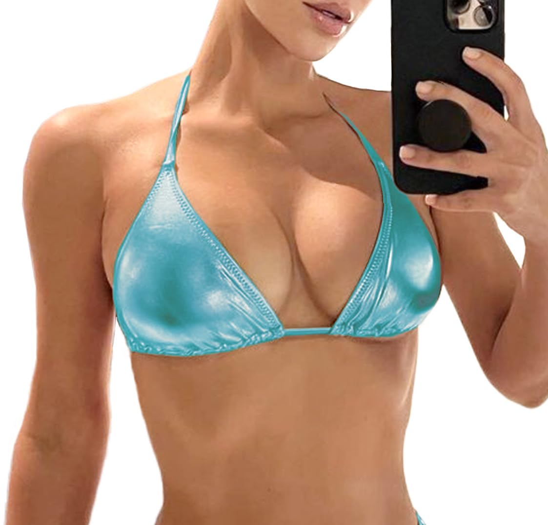 Photo 1 of Women's Metallic Bikini Top - Halter Shiny Triangle Bralette Rave Tops Tie Side Swimsuit Bra(051Top,Sky Blue,XS)