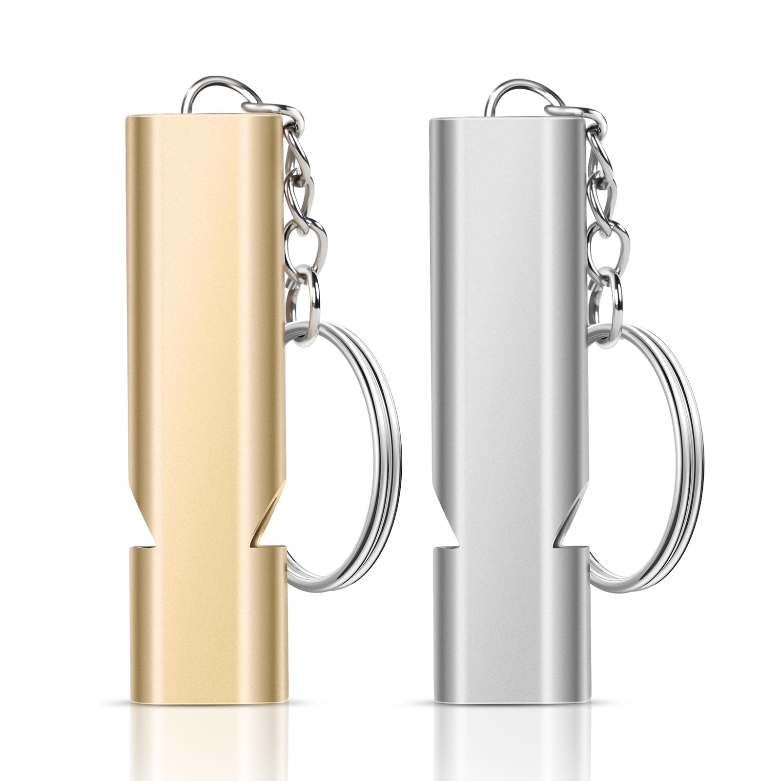 flintronic Emergency Survival Safety Whistle, 2 Packs Metal Whistles Double Tubes Super Loud 120dB Tap with Keychain for Camping Boating Hiking Pet Training and Competition (Gold+Silver)