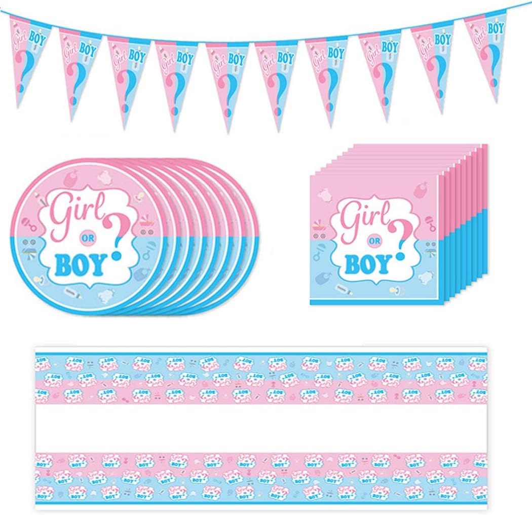 Baby Shower Gender Reveal Party Supplies Decoration Pack Include Boy or Girl Banner Napkin Tablecloth Plate for 8 Guests