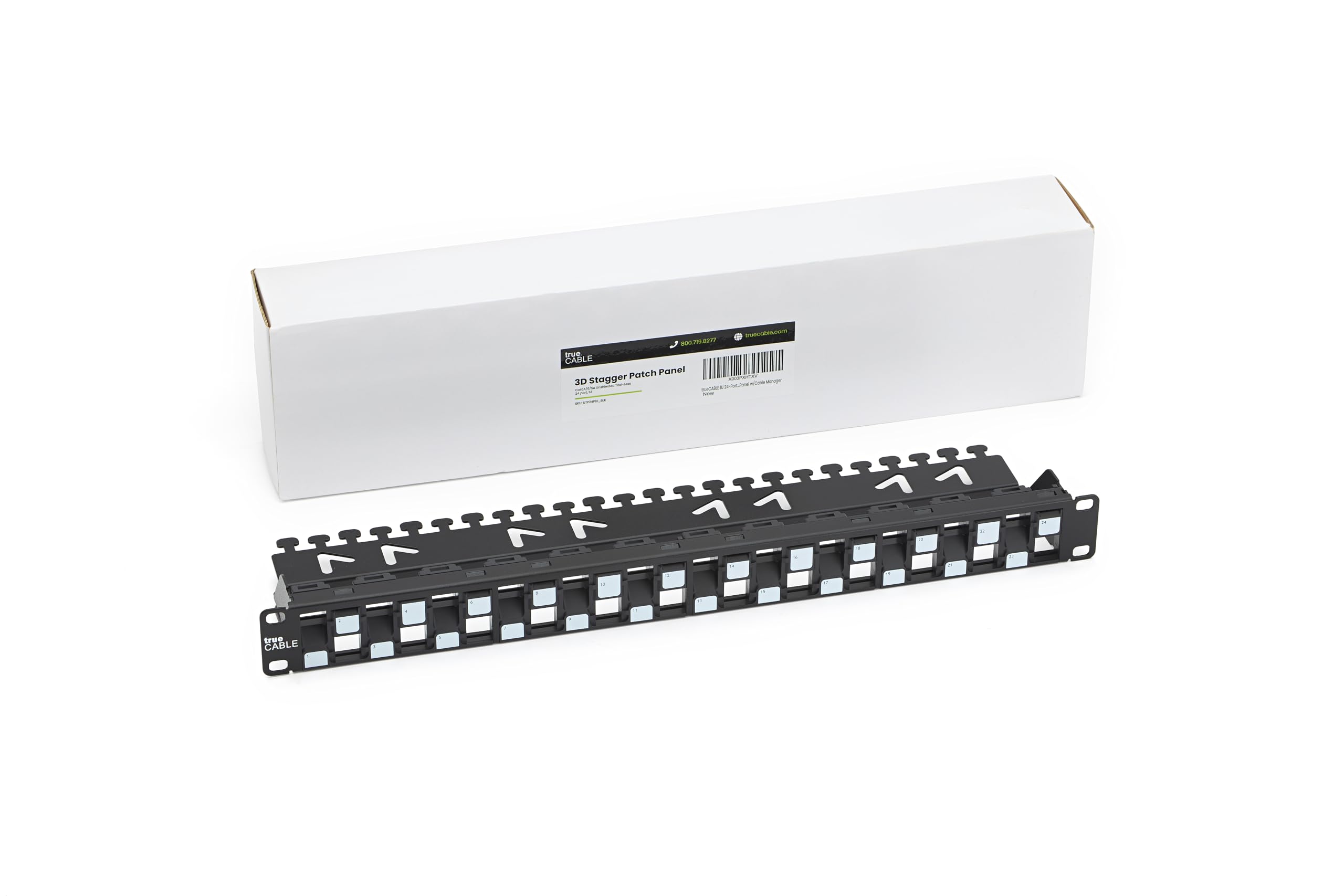 Photo 1 of trueCABLE 3-D Staggered 24 Port 19” Toolless Modular Patch Panel, Unshielded, Blank, 1U Rack Mount, with Cable Management Bar, High Density, Black