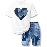 Voxikidio Size 7-14 Girls 2 Piece Summer Heart Print Short Set Teen Girl Outfits Girls Clothing Set