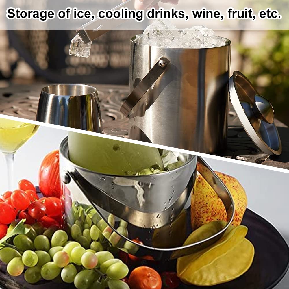 SCHYIDA Eiswürfelbehälter 2L, Eiswürfel Behältnis mit Deckel Eisbehälter Edelstahl 15.5cm * 15.2cm Eiskübel Metall Eiseimer mit Zange und Eisschaufel Eiskühler Weinkühler Sektkühler für Party, BBQ 6