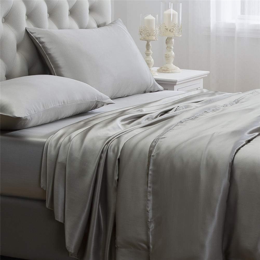 Orose 4Pcs 100% Charmeuse Mulberry Silk Bed Sheet Set Seamless Deep Pocket (King, Grey)