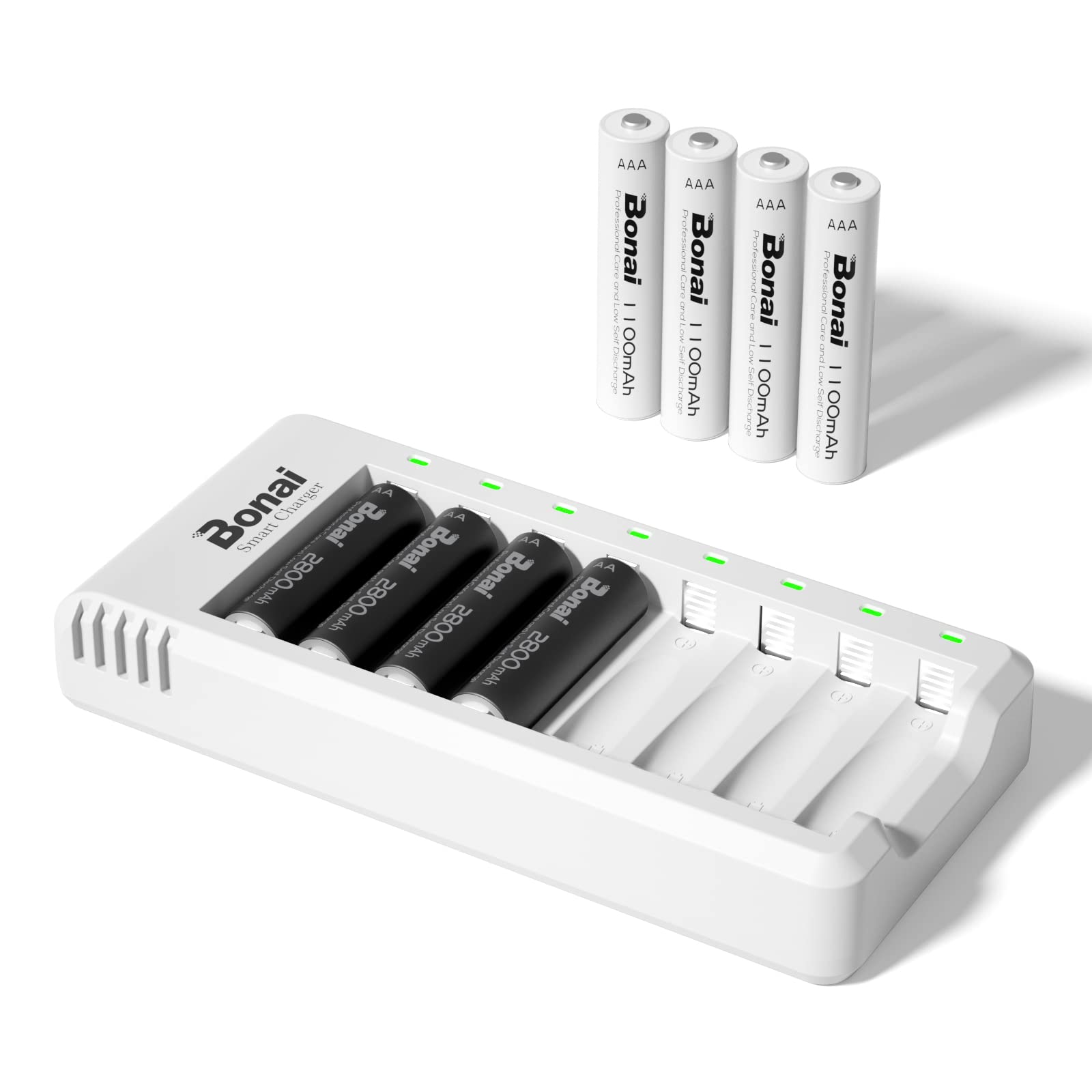 BONAI Universal Battery Charger 8 Slots, with 4 AA 2800mAh and 4 AAA 1100mAh Ni-MH Rechargeable Batteries, USB 8 Slots Quick Charger