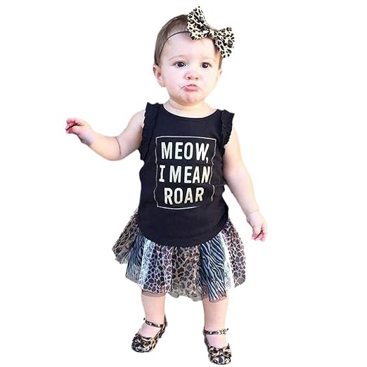 Xshuai Kinder Baby Mädchen Brief Print gekräuselte Weste Leopard Lace Tutu Shirt Sets Outfits