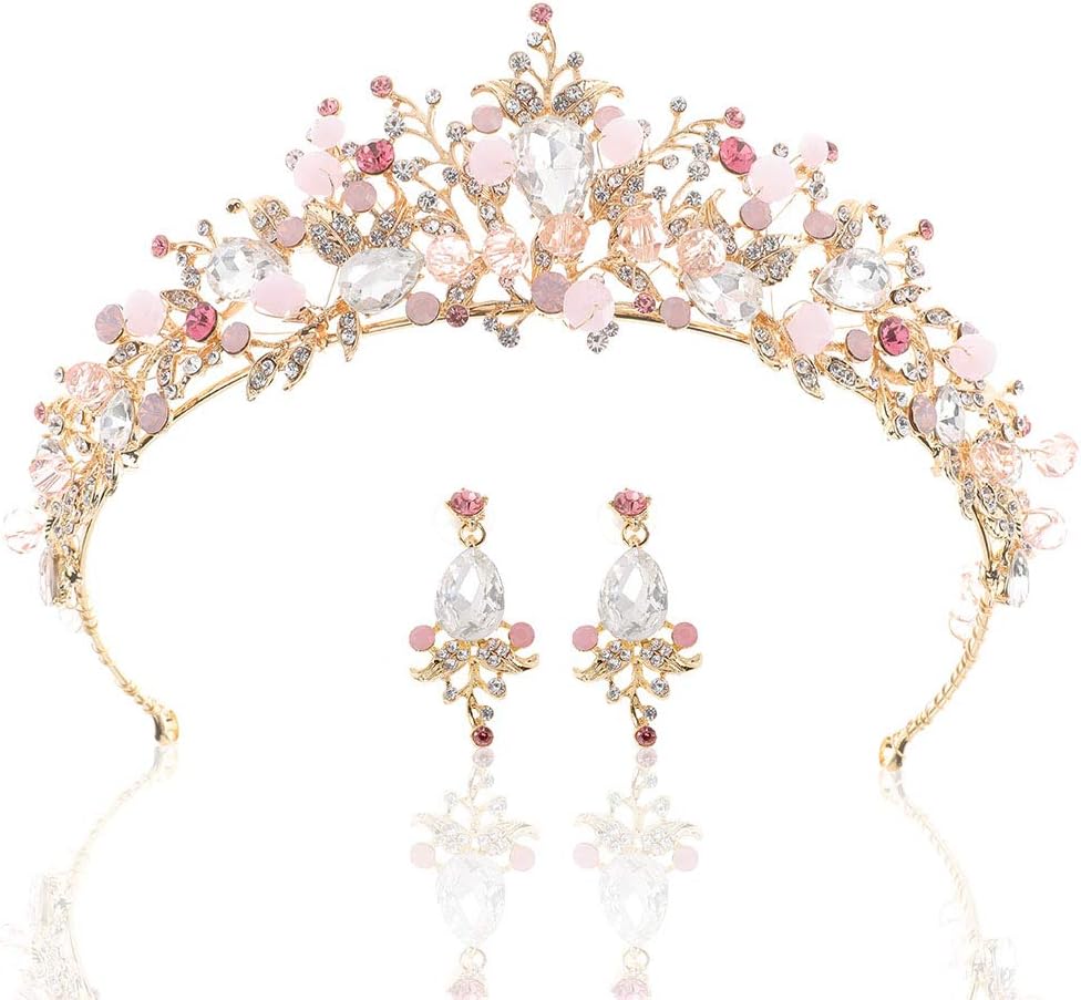 BAROGIRLGold Wedding Crown and Tiara Bridal Butterfly Queen Princess Crystal Headband for Women and Girls (Pink)