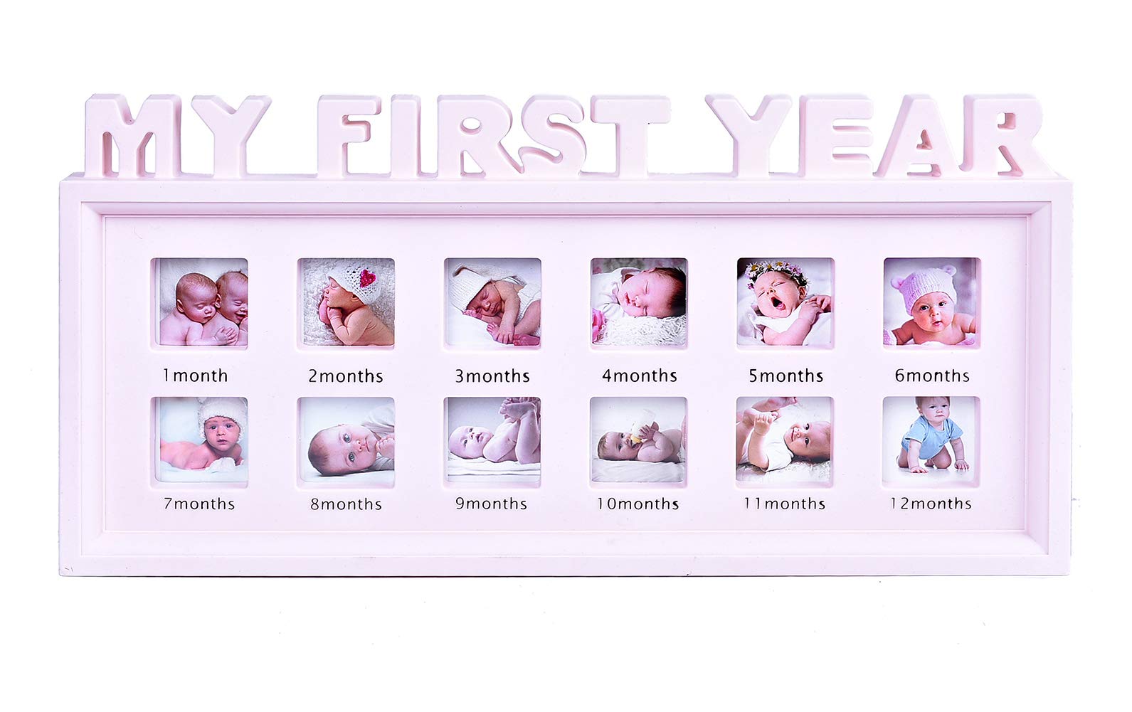 My First Year Photo Moments Baby Keepsake Frame, White, 12 Months Picture Frames, First Mothers Day Gift for Mom to Be or Expecting Parents (Pink), 16 x 8 x 1 in