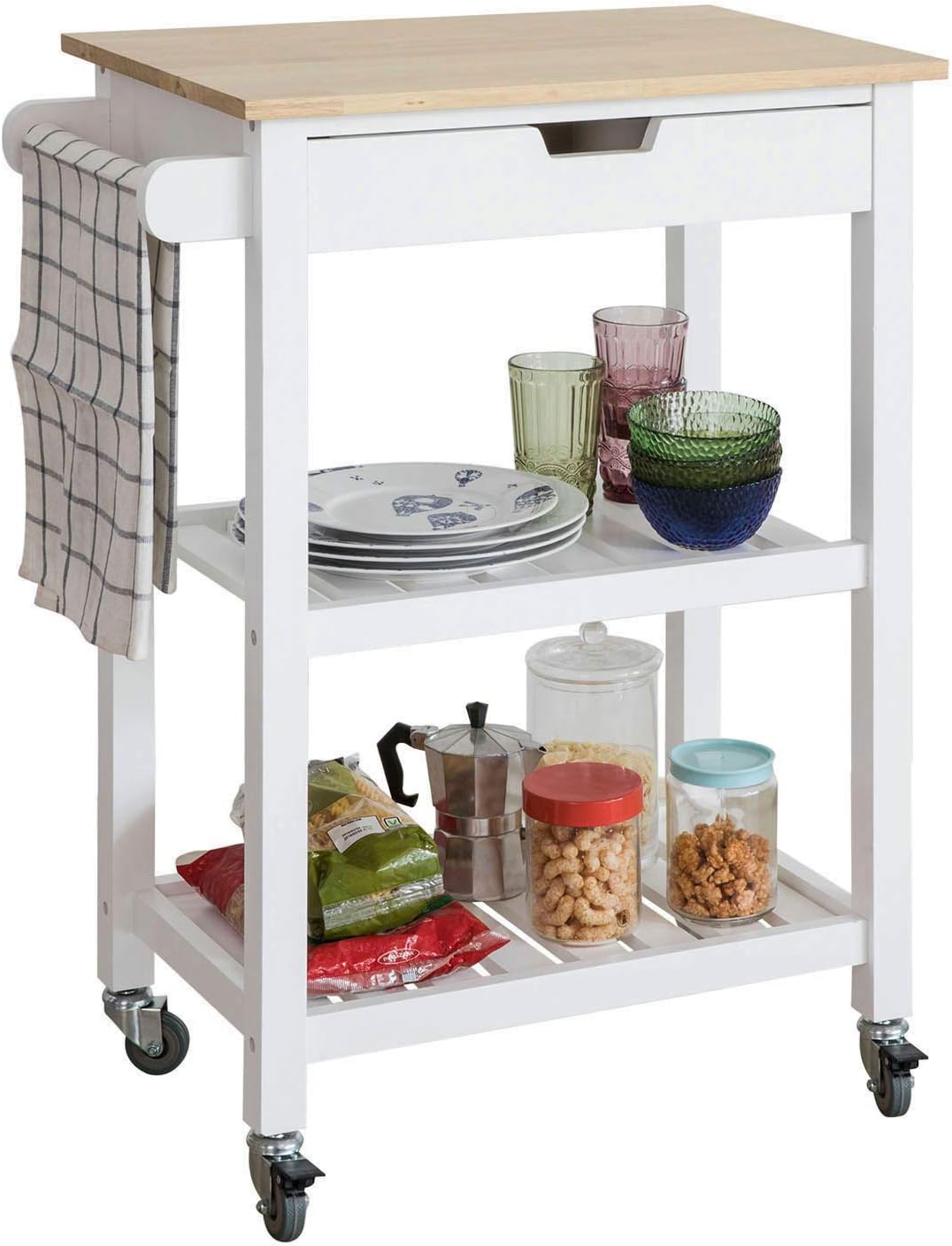 SoBuy Carrello Cucina Credenza Bianca con 1 cassetto, 2 Ripiani, Piano