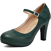 graceretro Women's Mary Jane Wingtip Classic and Retro 1920s Pump Heels Oxford Pattern Vintage Round Closed Toe 1950s Ankle Strap Dress Shoes