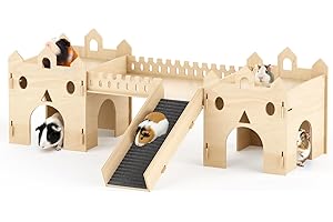 Chuiendi Guinea Pig Hideout House, Deluxe Large Wooden Hamster House with Climbing Ladder & Multi-holes, Bunny Castle Tower Toy for Guinea Pig Chinchilla Gerbil Hedgehog Small Animal House Habitat Hut