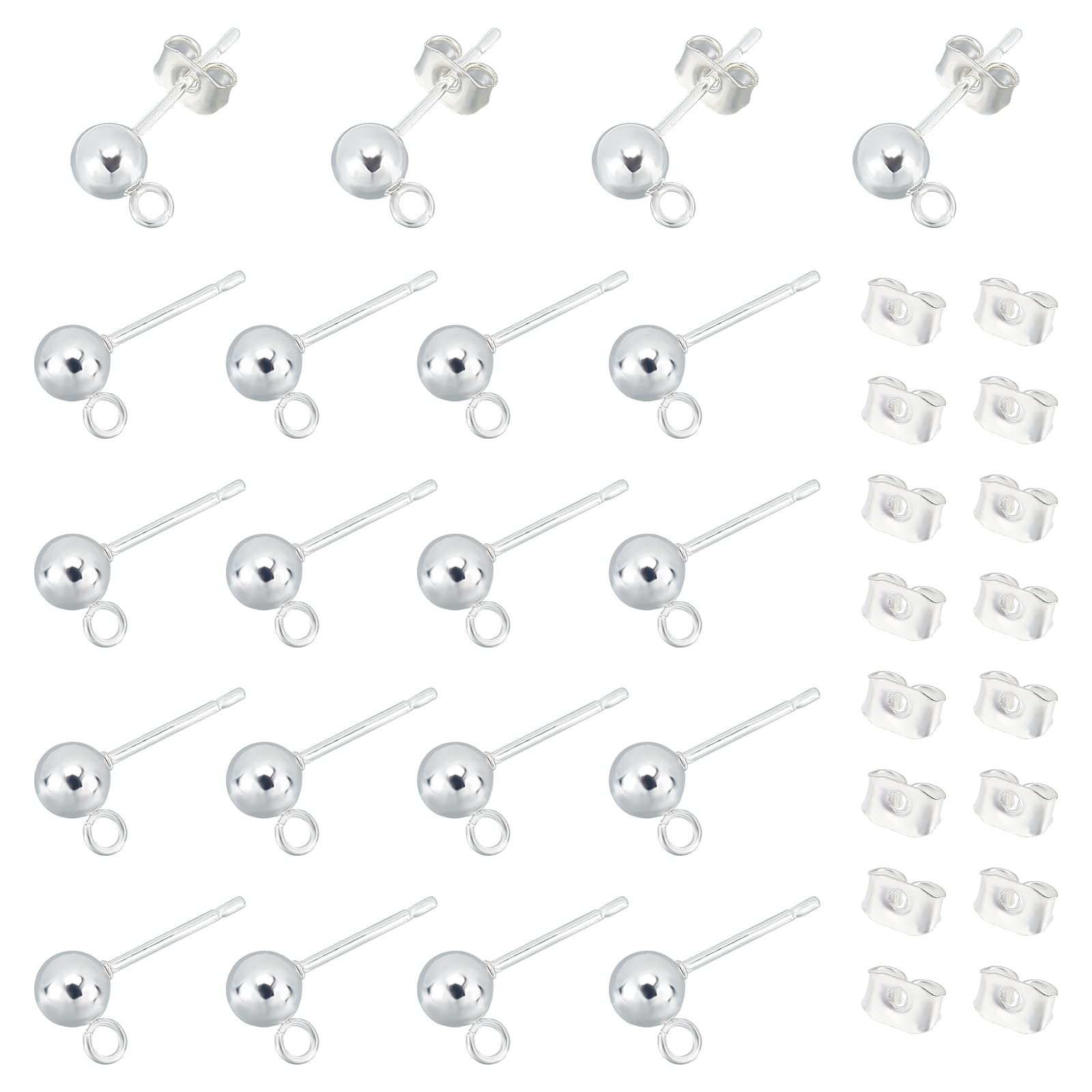 UNICRAFTALE 50pcs Silver Color Ball Stud Earring Findings 304 Stainless Steel Earring Studs with Buckle for Earring Making