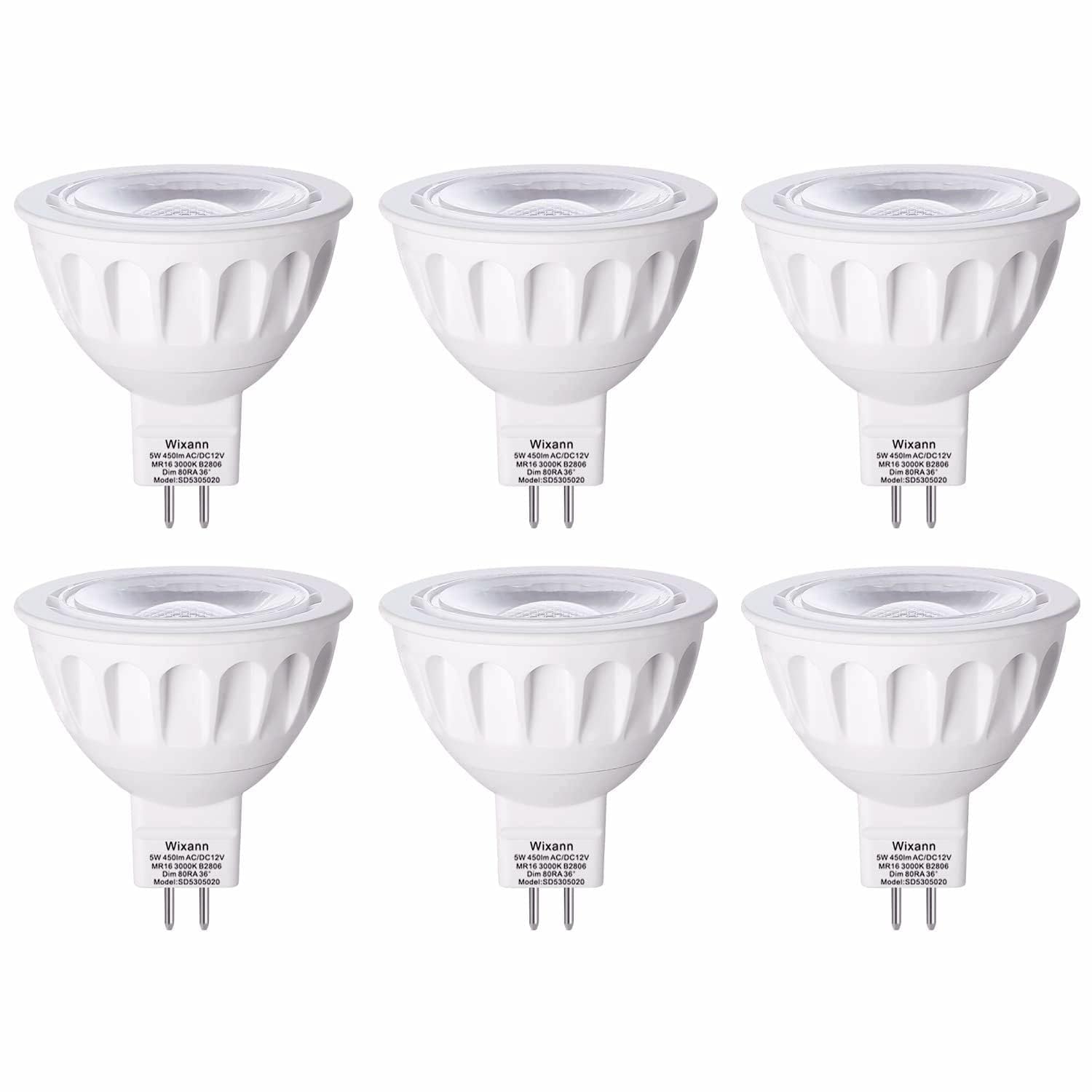 Wixann MR16 GU5.3 LED Bulbs Dimmable,5W 3000K Soft Warm White,450LM 12-Volt GU5.3 Bi-Pin Base,Equivalent 50W Halogen Replacement,40 Degree Spot Lighting for Indoor (6Pack)