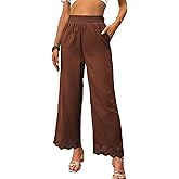 Dokotoo Casual Pants for Women High Waisted Elastic Wide Leg Pants Eyelet Lace Hem Trousers with Pockets
