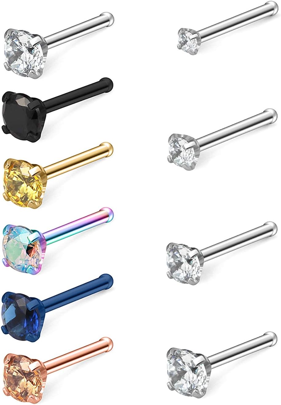 10PCS 22G Stainless Steel 4-Prong-Setting Cubic Zirconia Screw L Shaped Bone Pin Nose Ring Stud Retainer Body Jewelry Piercing 1.5mm 2mm 2.5mm 3mm