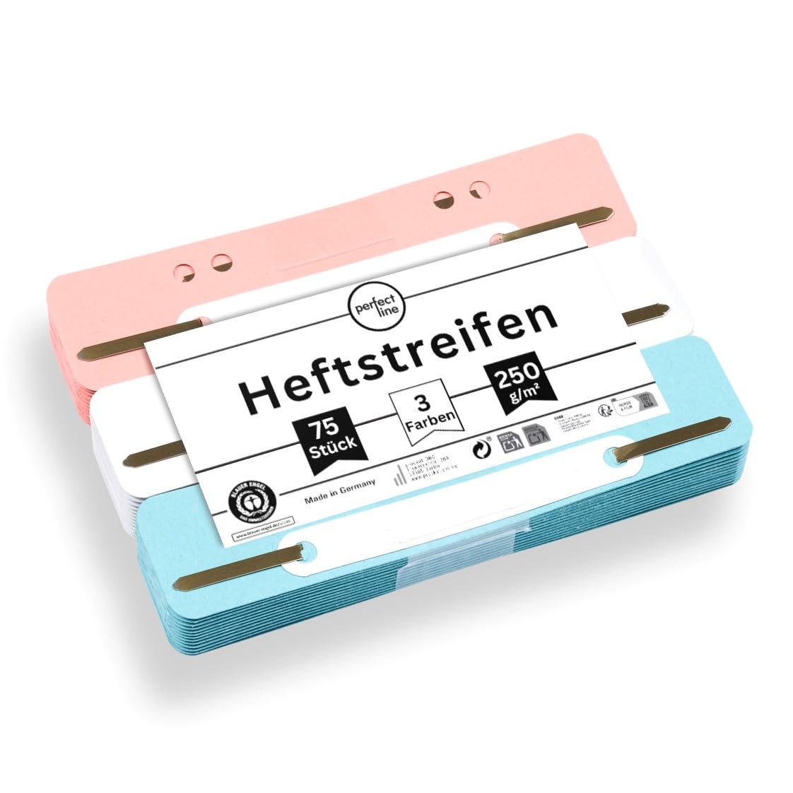 perfect line • 75 Filing Strips Cardboard, Recycled Cardboard, 250 g/m², Made in Germany (White, Pink, Light Blue)