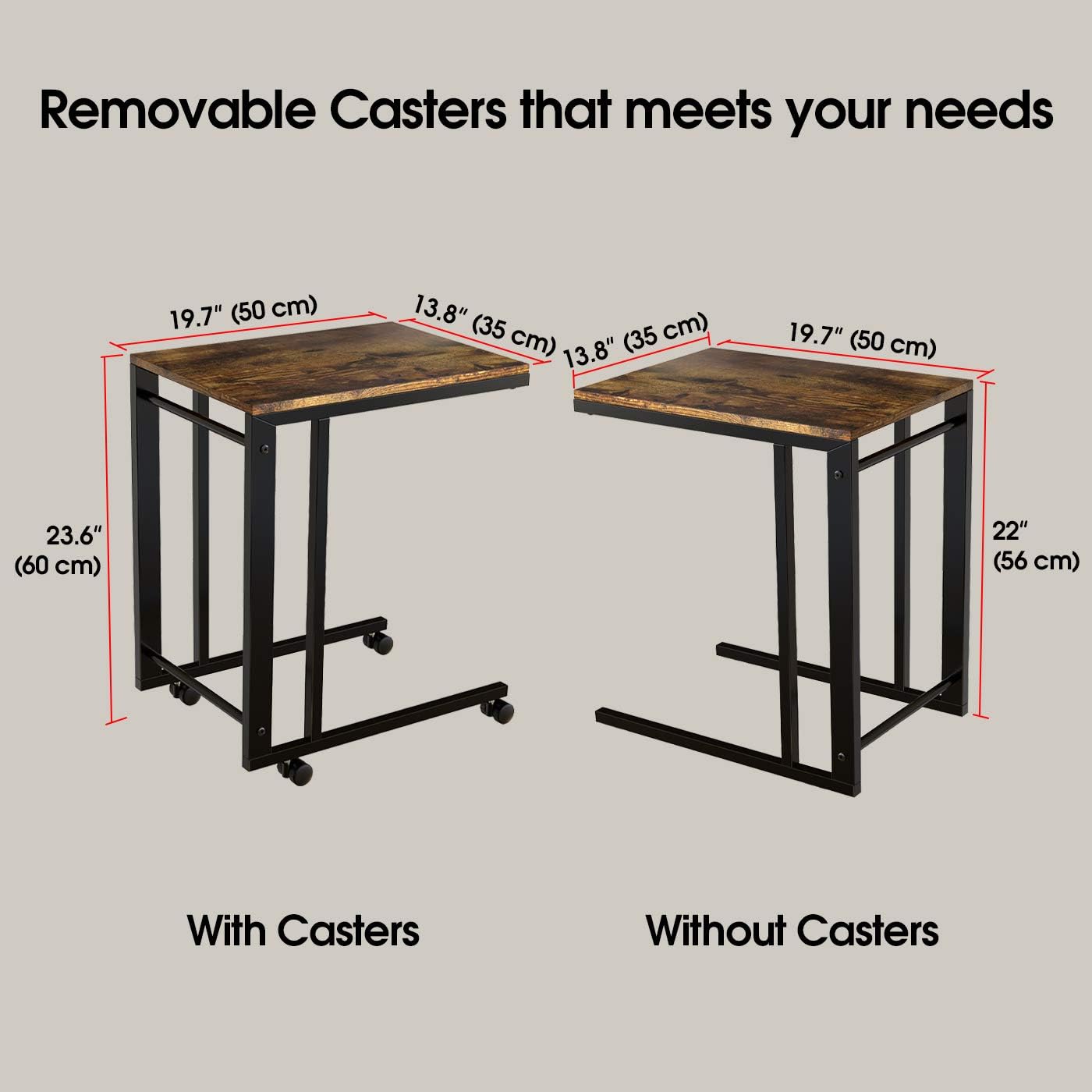 J JACKCUBE DESIGN Side End Tables with Rolling Casters, Vintage Couch Table for Coffee Laptop Tablet, with Steel Frame & Wheels, C Shaped Table for Living Room, Bedroom, Rustic Brown- MK515A: Kitchen & Dining