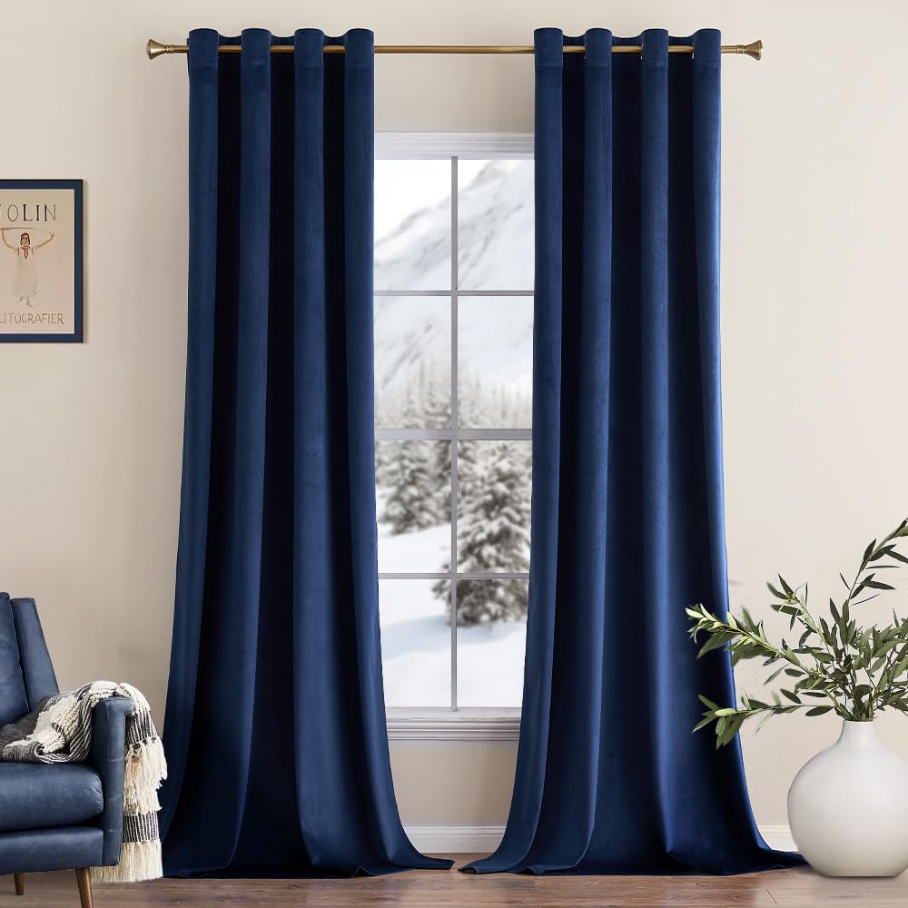 MIULEE Navy Blue Velvet Curtains for Bedroom 2 Panel Set 54 Inch Drop Curtains, Soft Elegent Home Decor Velvet Curtain Living Room, Sun Blocking Room Darkening Thermal Eyelet Curtain 46x54 Inch