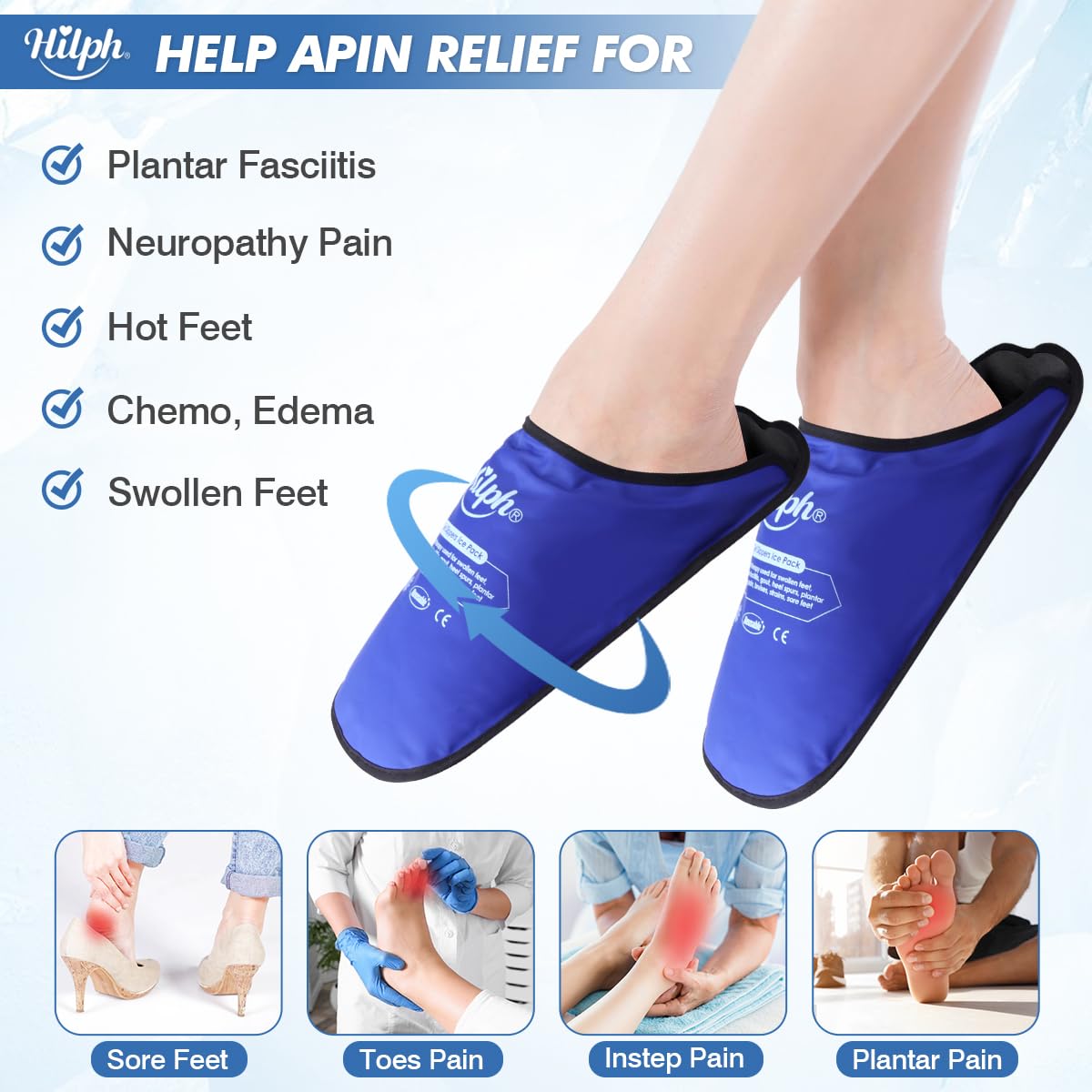 Hilph Foot Ice Pack Slippers for Plantar Fasciitis & Bunion 2 Packs, HSA or FSA Eligible Reusable Hot Cold Packs Gel Ice Slipper for Foot & Toes Pain, Gout, Foot Surgery, Neuropathy, Swollen (Blue)