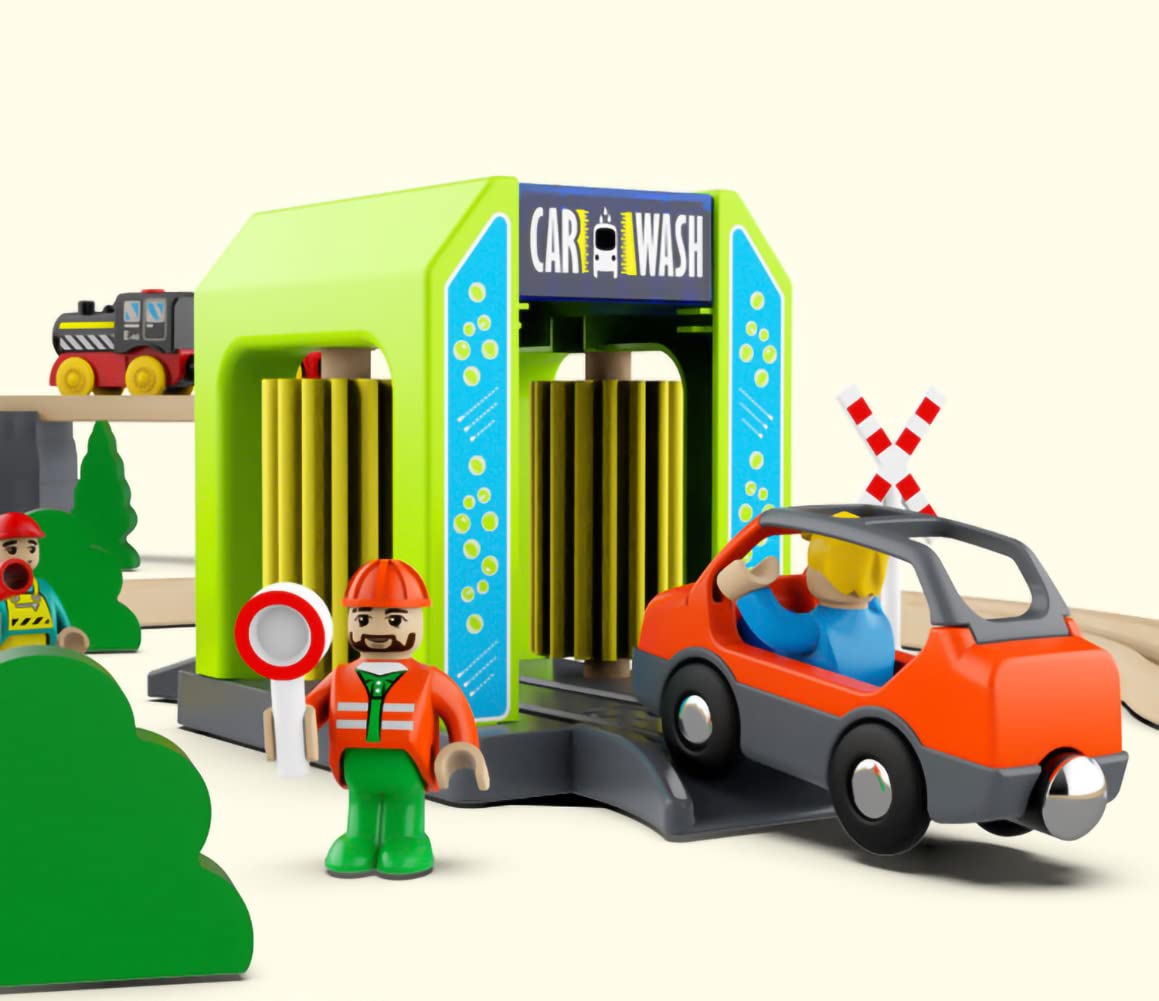 Wooden Train Accessories Car Washer for Railroad Train Track, Train Toys Accessory Compatible with All Major Brands of Train Set System, Railway Tracks Station for Kids Ages 3 and Up.