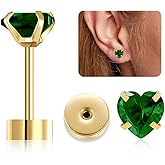Heart Flat Back Stud Earrings for Women Girls, 5mm Birthstone Stud Earrings Hypoallergenic Stainless Steel Cartilage Earrings Brilliant Handmade Screw Back Earrings
