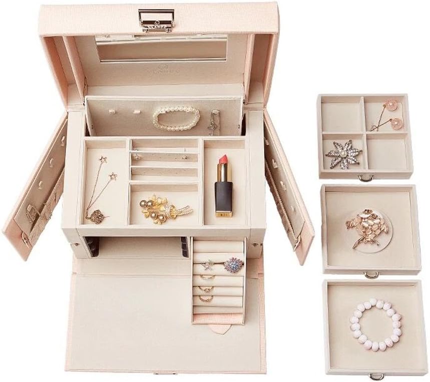 Vlando Mirrored Jewelry Box Organizer for Girls Women Vintage Gift Case - Faux Leather Jewelries Storage Display Holder, Pink: Home & Kitchen