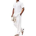 COOFANDY Men's 2 Piece Cotton Sets Casual Short Sleeve Henley Shirts and Beach Pants with Pockets Summer Vacation Outfits
