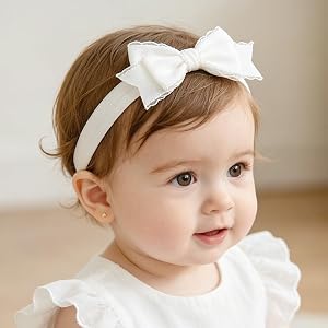 Yheahin Baby Girls White Bow Lace Headband Soft Elastic Bowknot Flower Baby Hairband Christening Baptism Birthday Party Hair