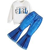 HSOXLQF Toddler Girl Clothes Long Sleeve Cartoon & Letter Graphic Top + Fruit Stationery Print Flared Leg Pants